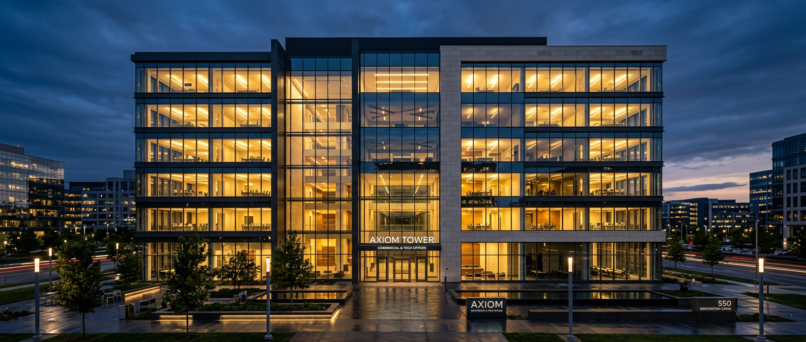Modern commercial facility managed by IMG at dusk